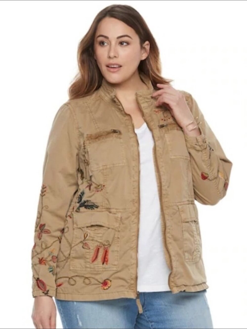 Sonoma NWT Khaki Tan Beige Embroidered Boho Floral Cottage Utility Jacket